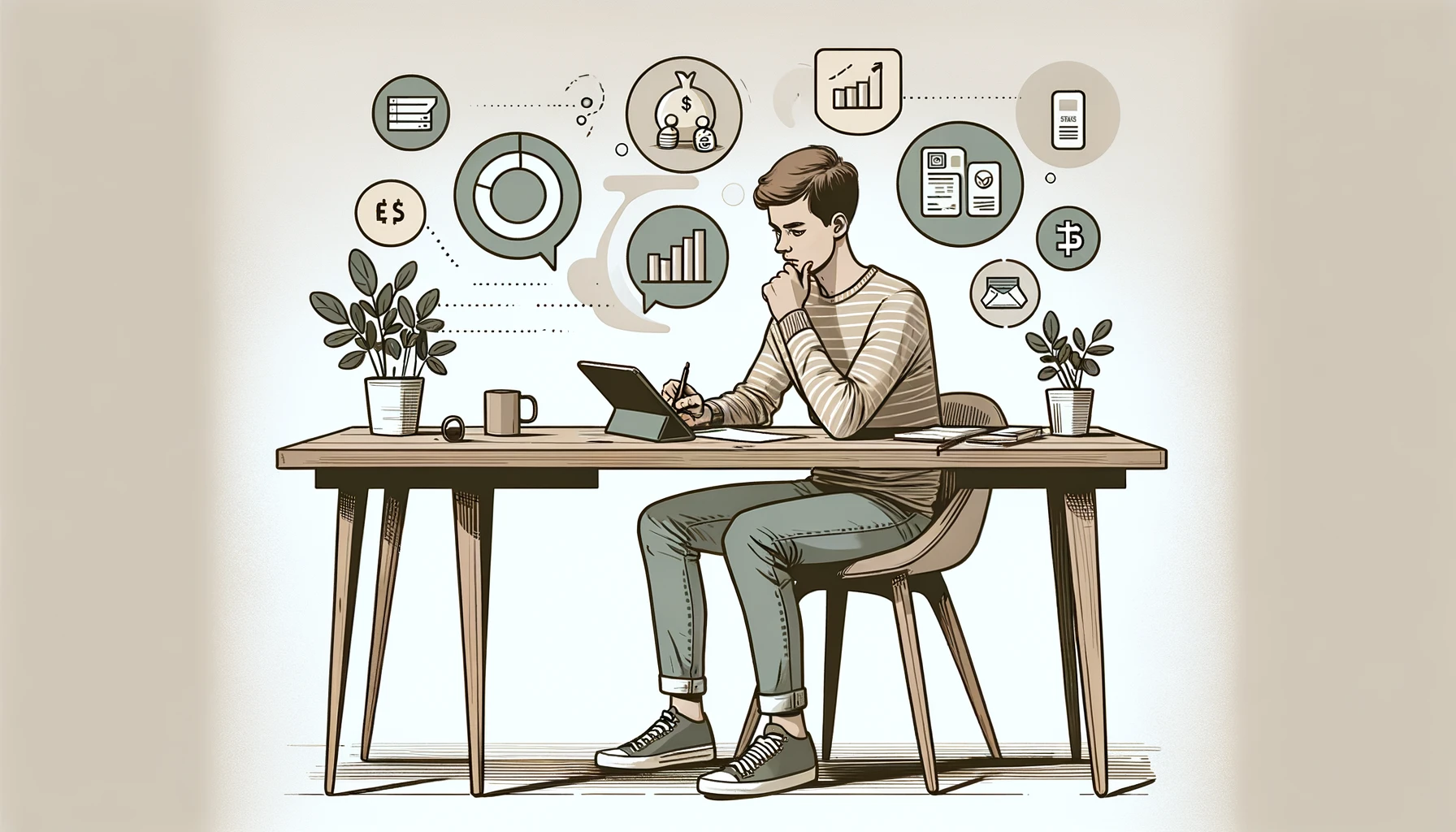 A young man looking at his tablet screen surrounded by finance related icons and charts.