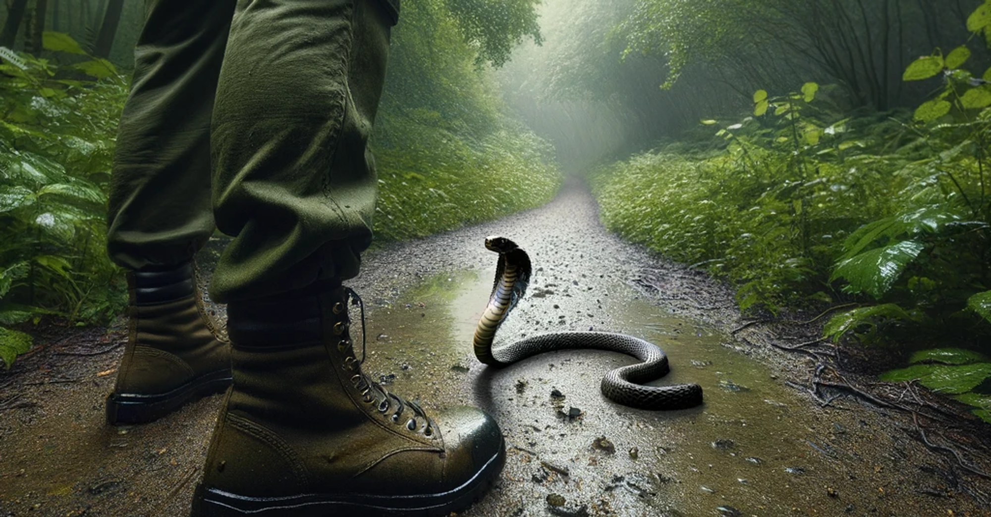 A snake on a path in front of a person